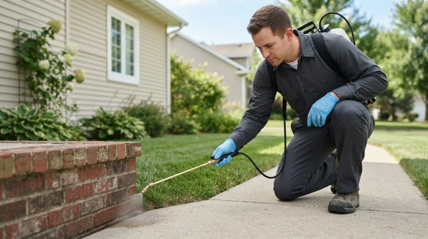 Pest control technician treating a home near Brimfield, IL