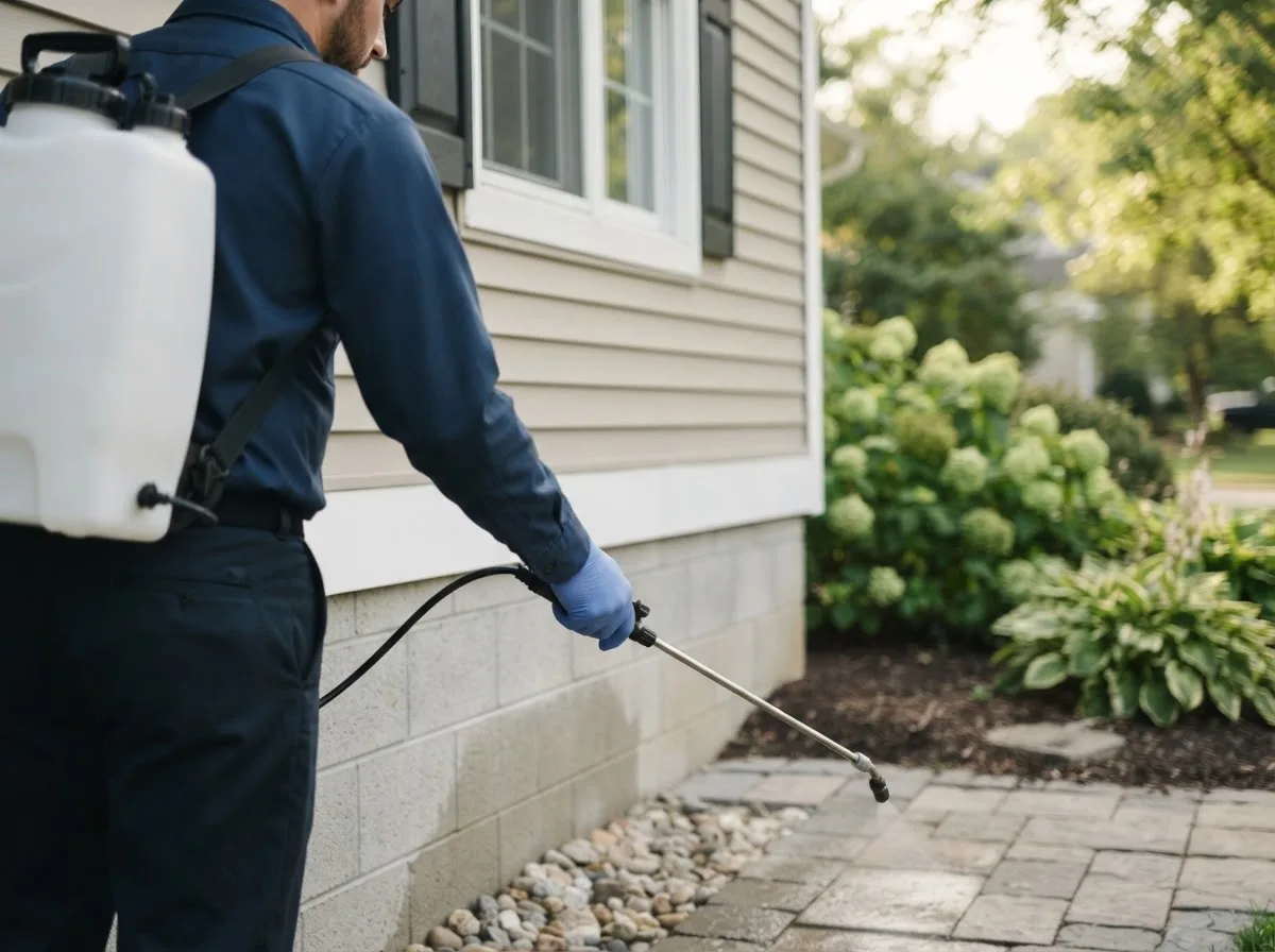 Pest control technician inspecting a home in Brimfield, IL